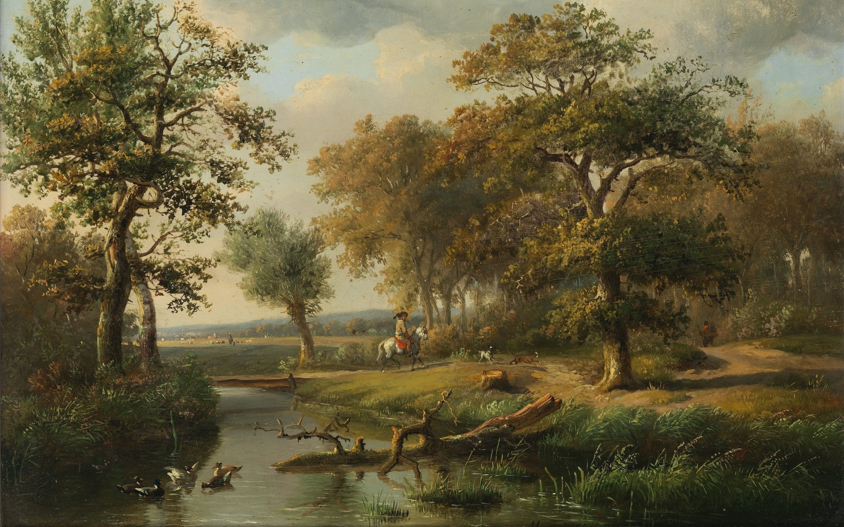 louis pierre verwee, belgian, wooded landscape with a river and riders