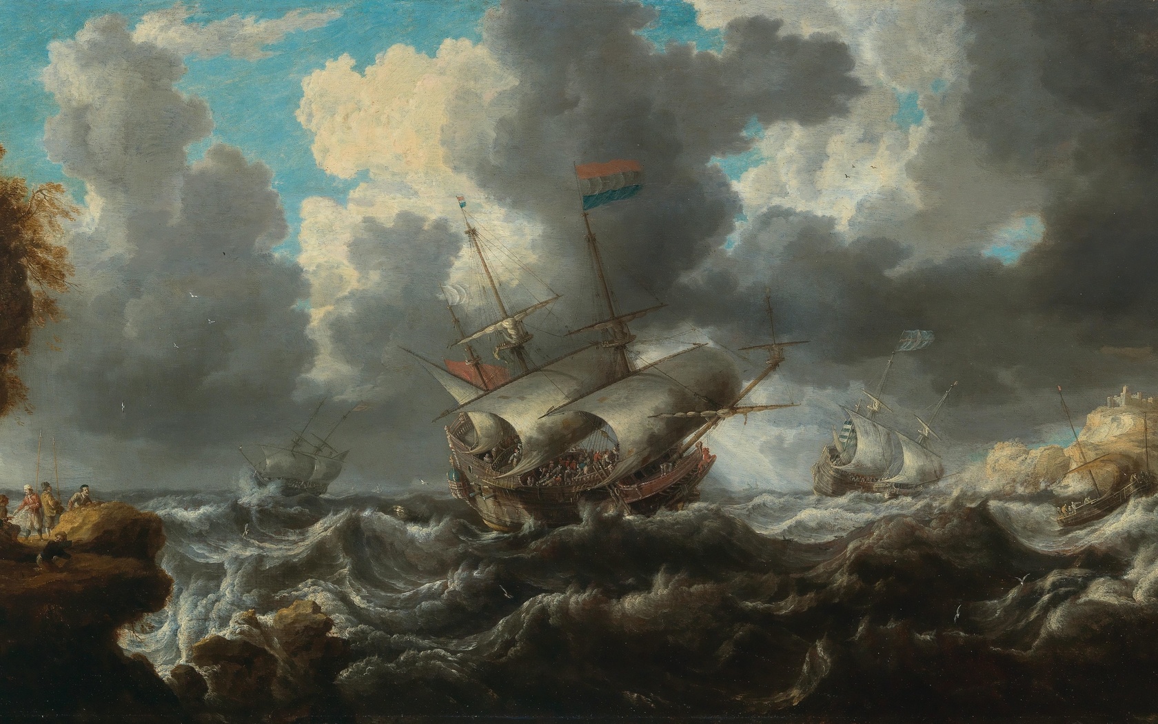 bonaventura peeters, flemish, 1641, a man owar in choppy seas with soldiers on an outcrop nearby