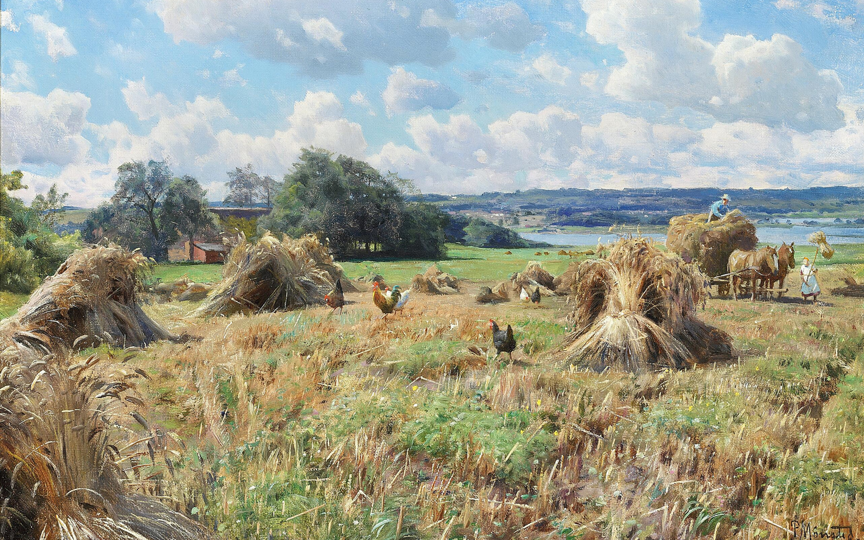 peder mork monsted, danish, 1934, the wheat is brought in near the vicarage of tulstrup