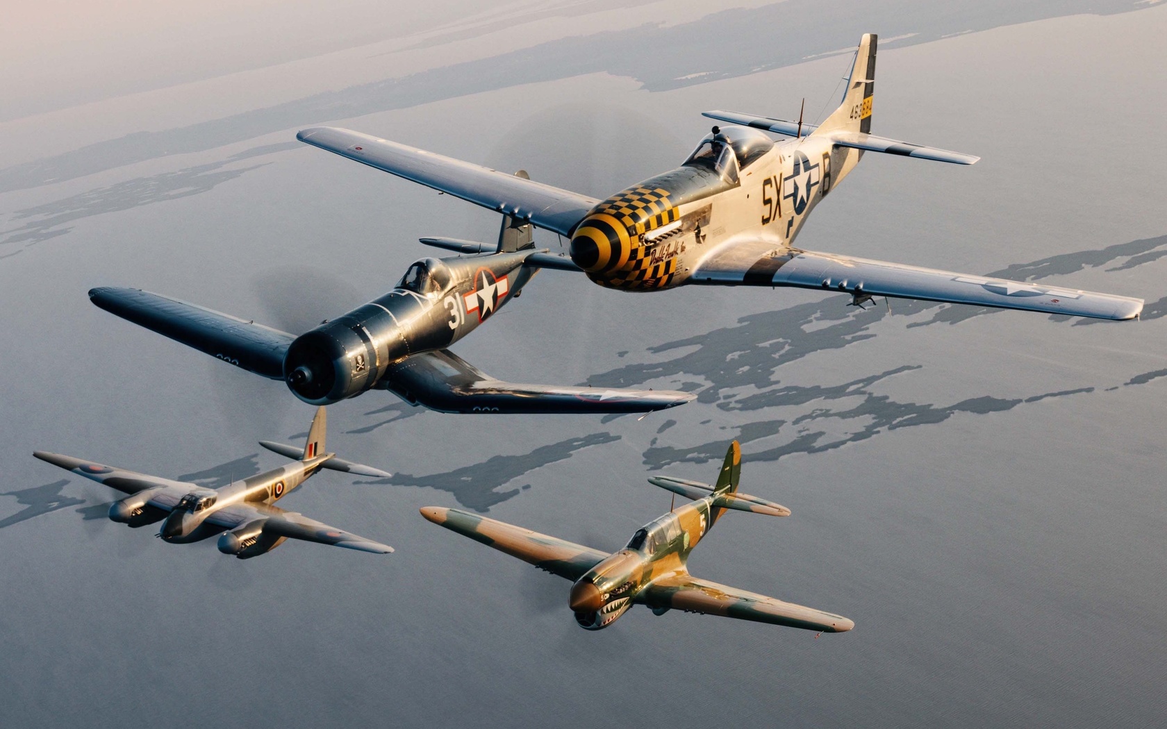 chance vought f4u corsair, de havilland mosquito, p-51 mustang, curtiss p-40 warhawk, breitling super avi collection