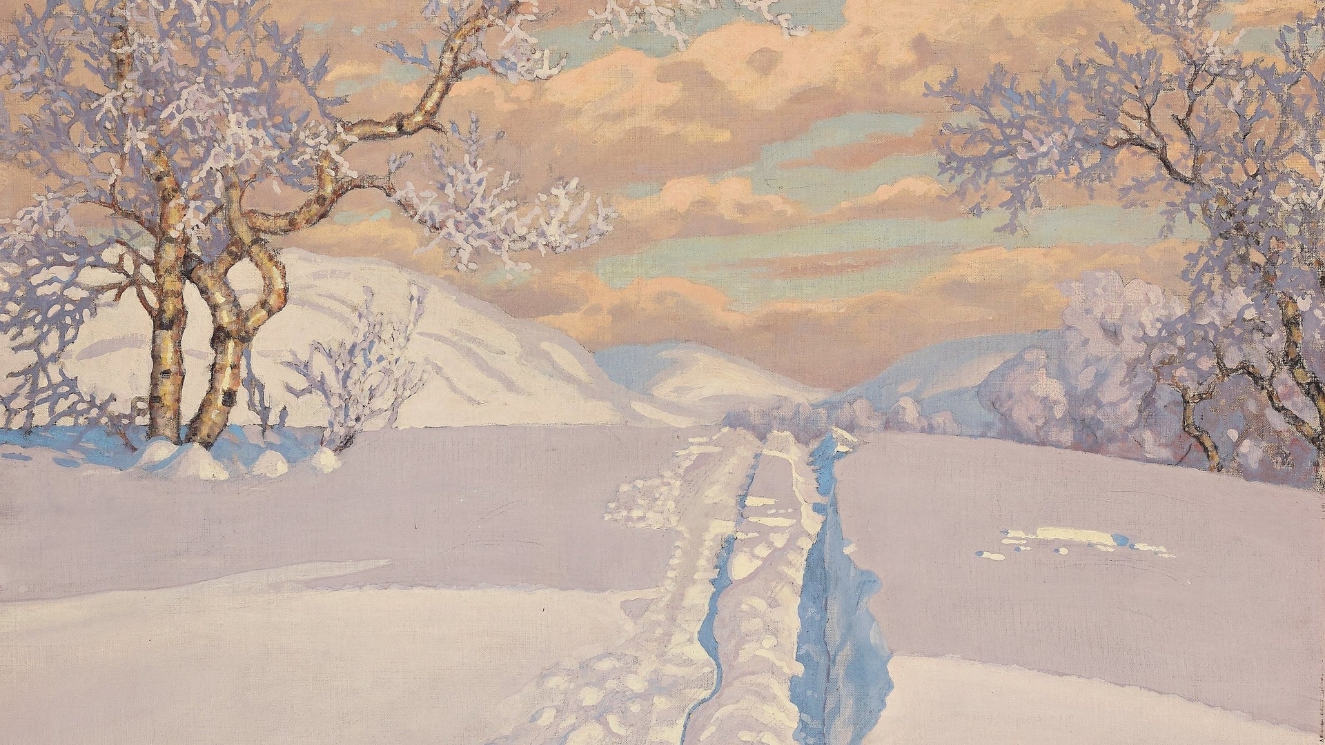 gustaf fjaestad, swedish, winter landscape with ski tracks