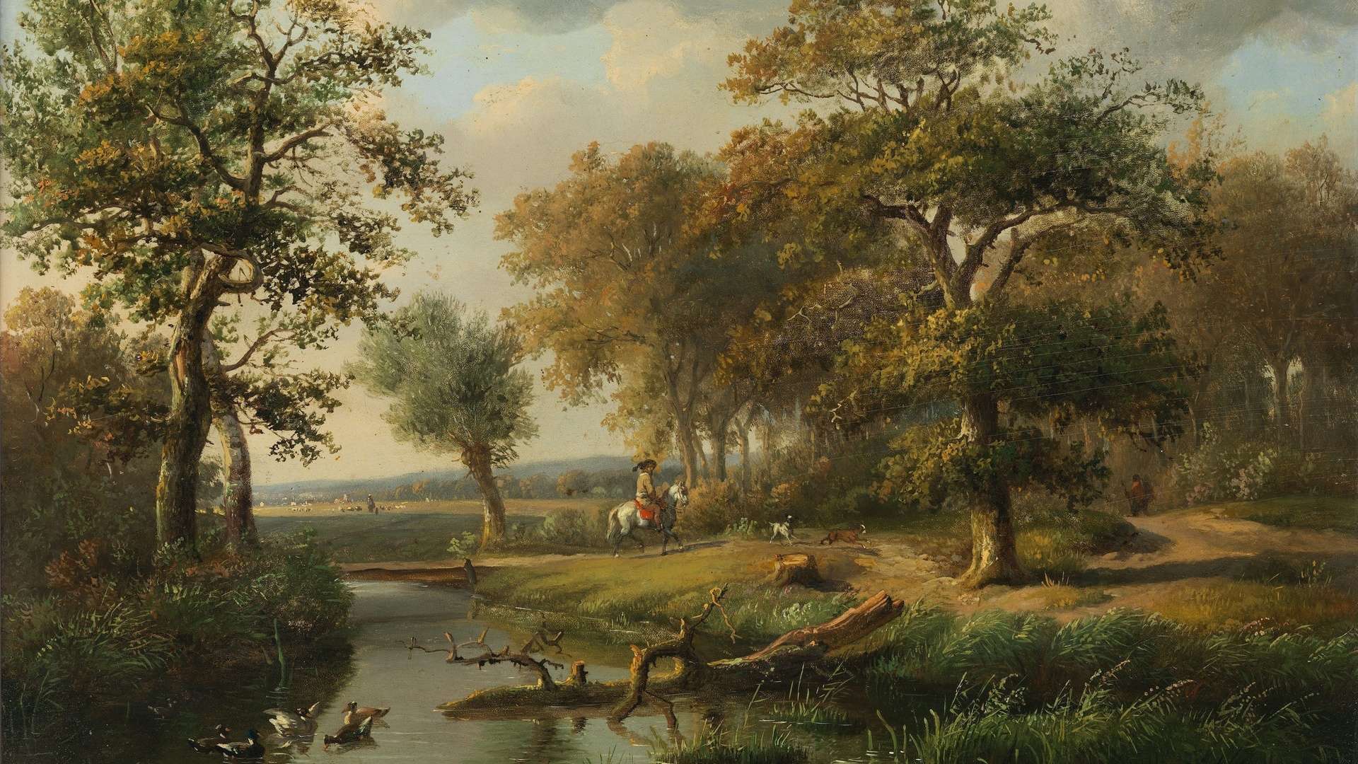 louis pierre verwee, belgian, wooded landscape with a river and riders