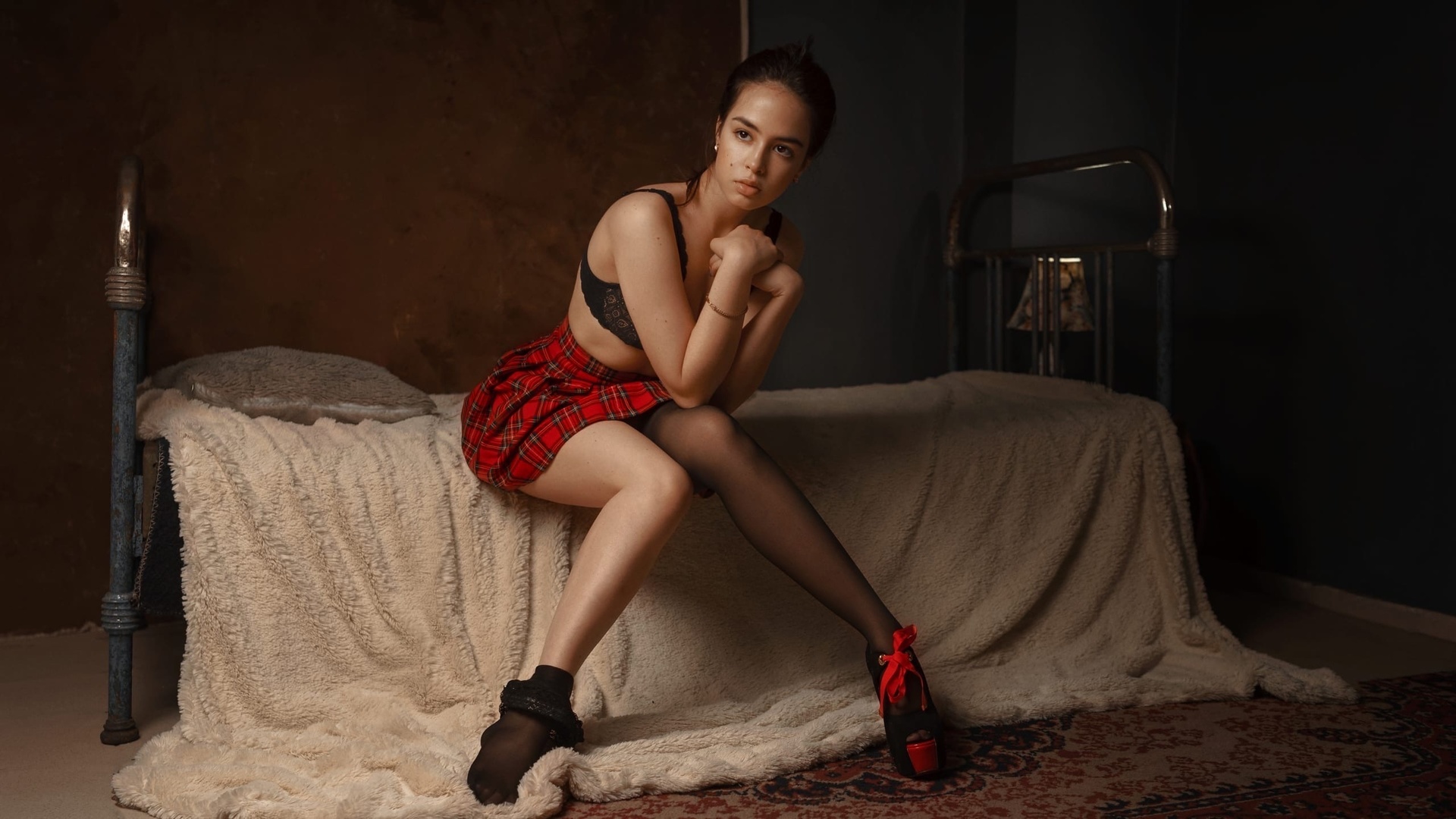 aleksey gurylev, valeria kulikova, brunette, model, women, bed, women indoors, black bra, bra, plaid skirt, miniskirt, sitting, black stockings, stockings