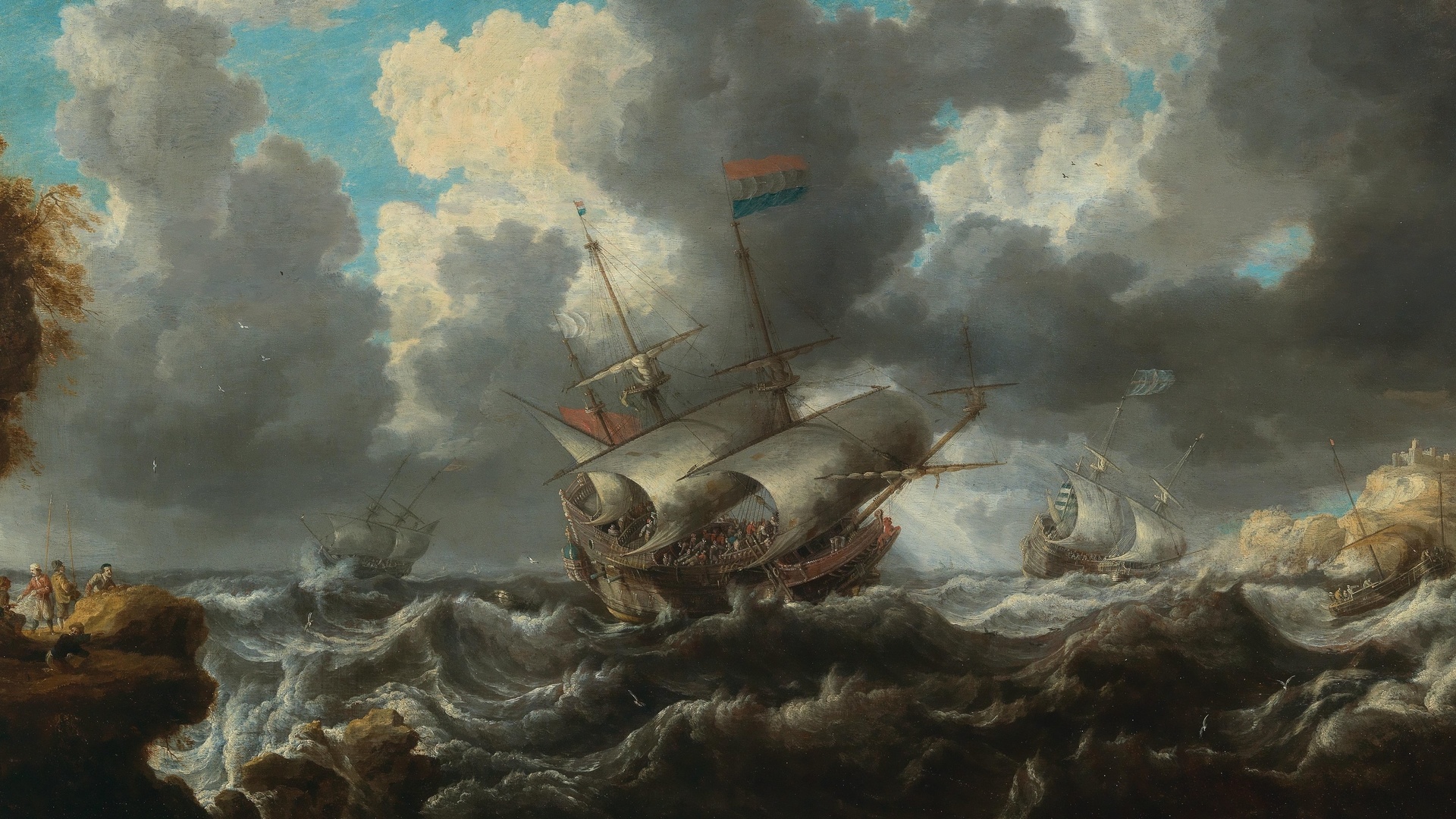 bonaventura peeters, flemish, 1641, a man owar in choppy seas with soldiers on an outcrop nearby