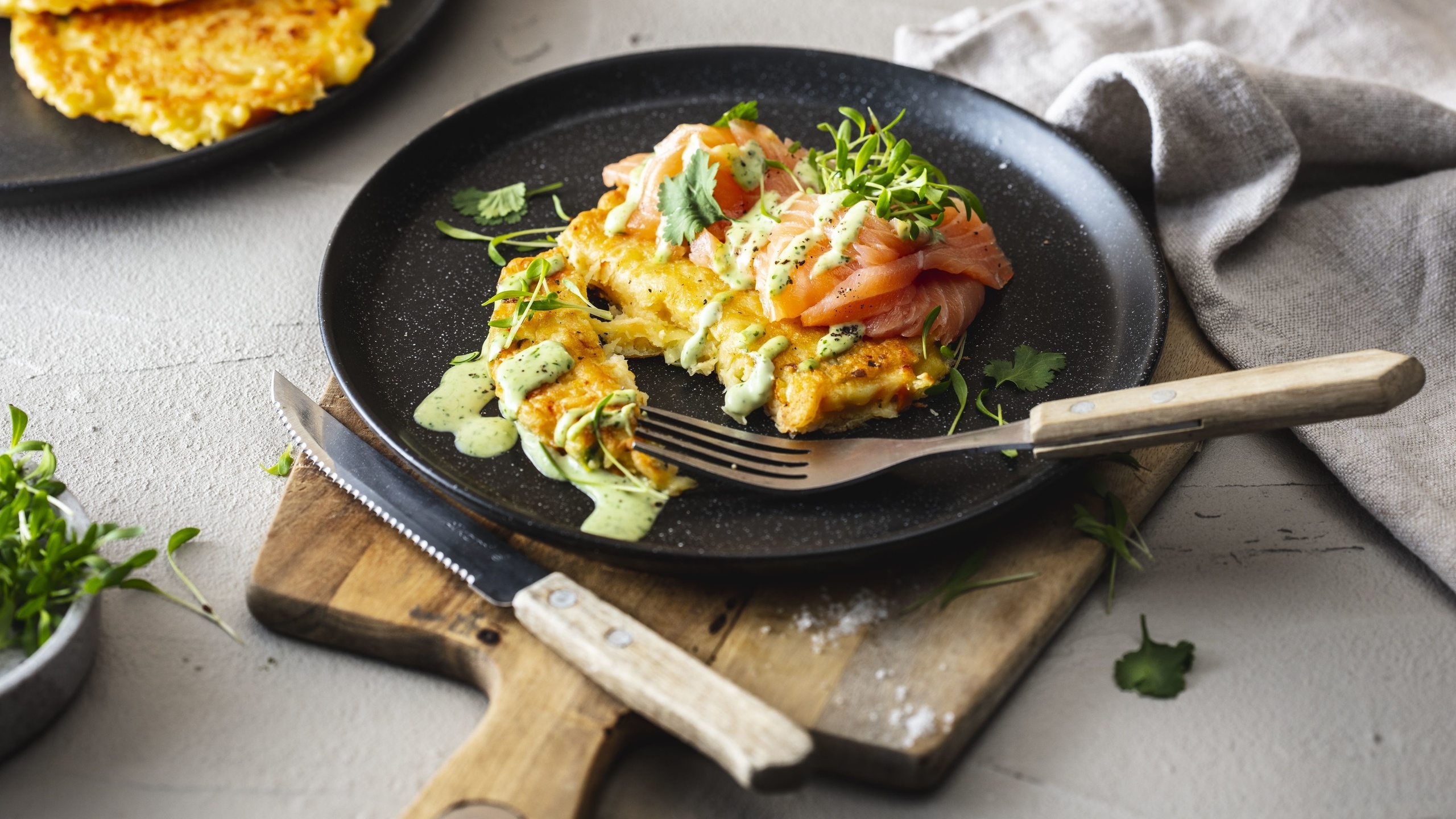 japanese pizza, okonomiyaki, potatoes, salmon, cress