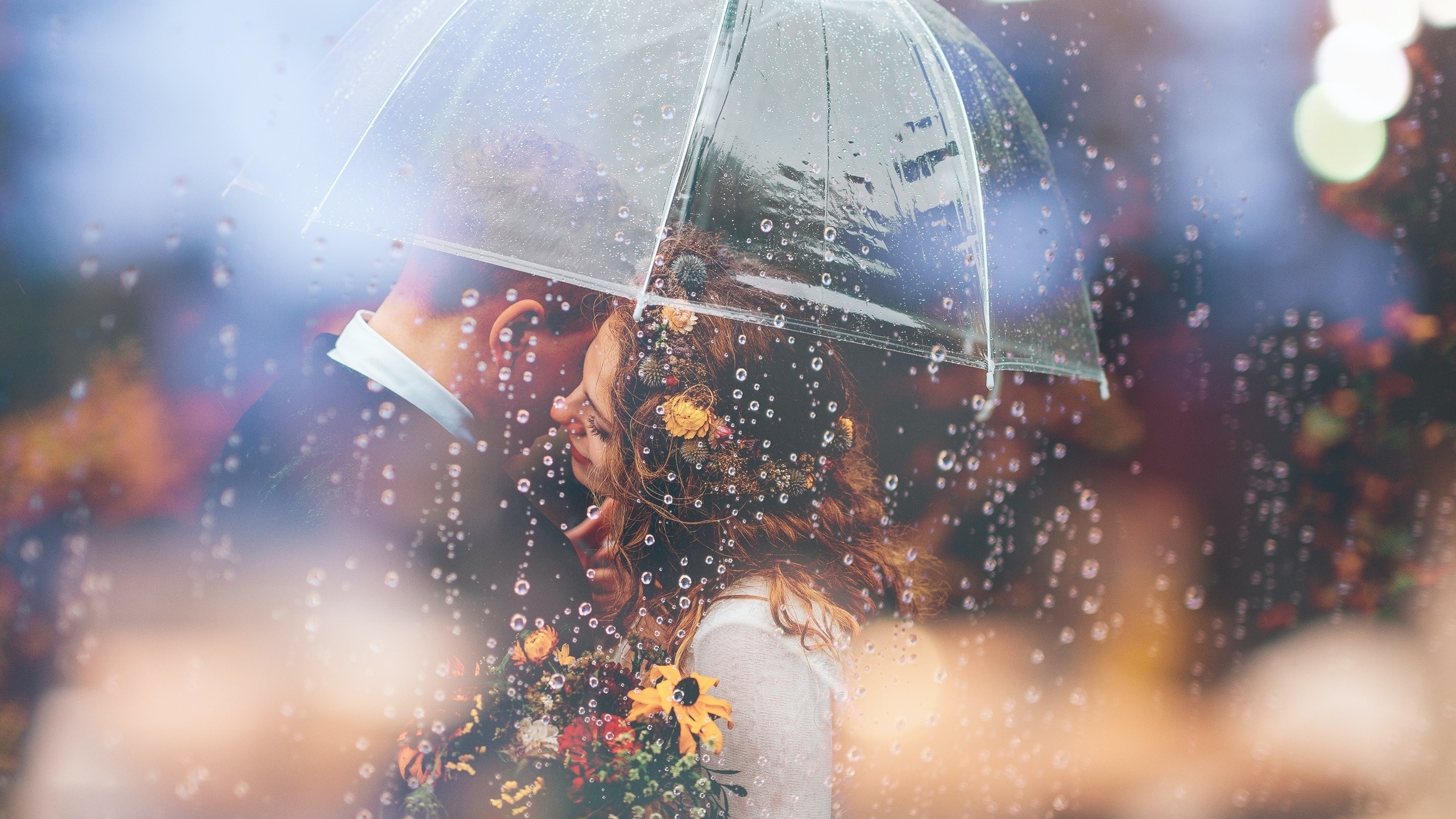 wedding, rain, green, reflection