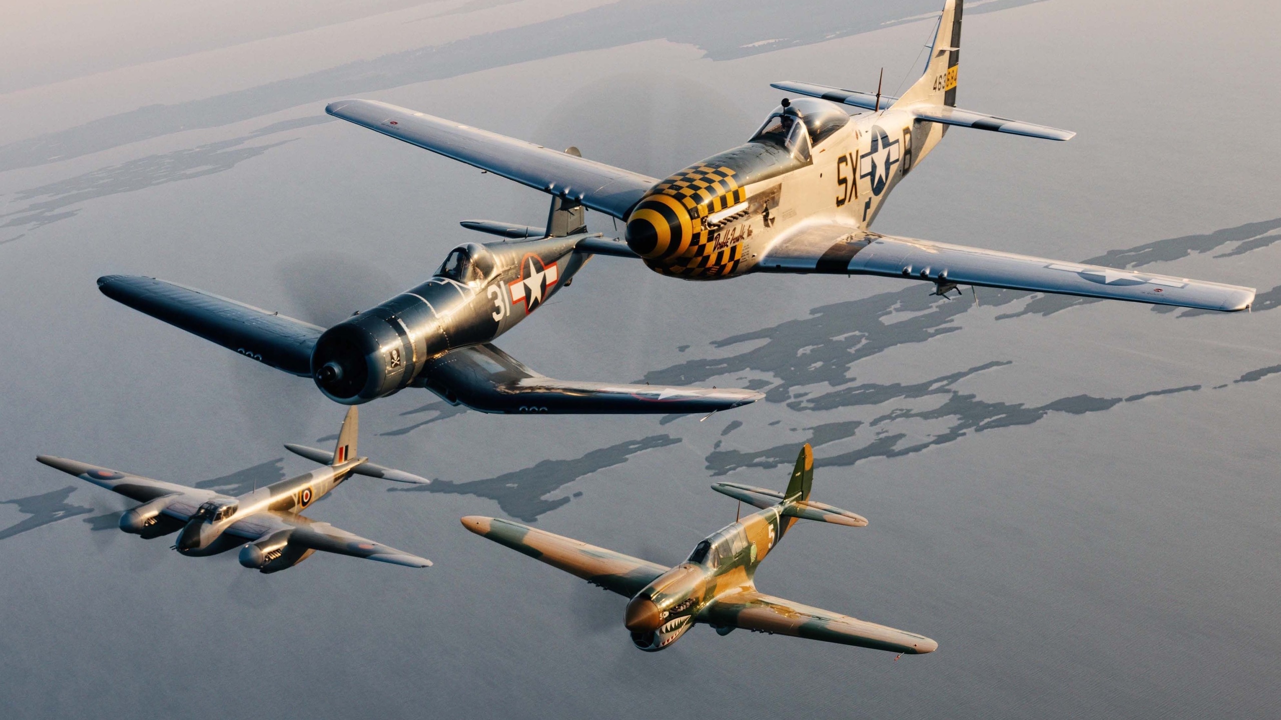 chance vought f4u corsair, de havilland mosquito, p-51 mustang, curtiss p-40 warhawk, breitling super avi collection