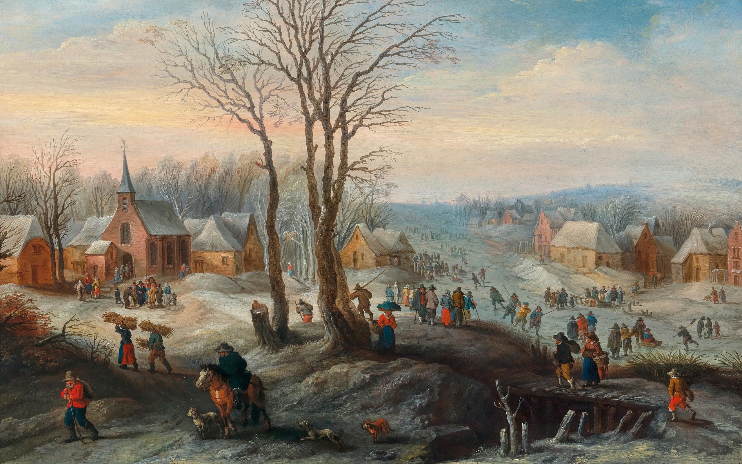 karel beschey, flemish, a winter landscape with numerous figures in a village