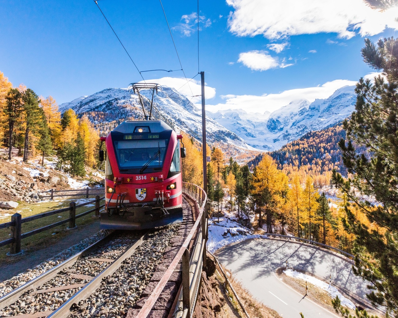 autumn, bernina express, alps, train, switzerland