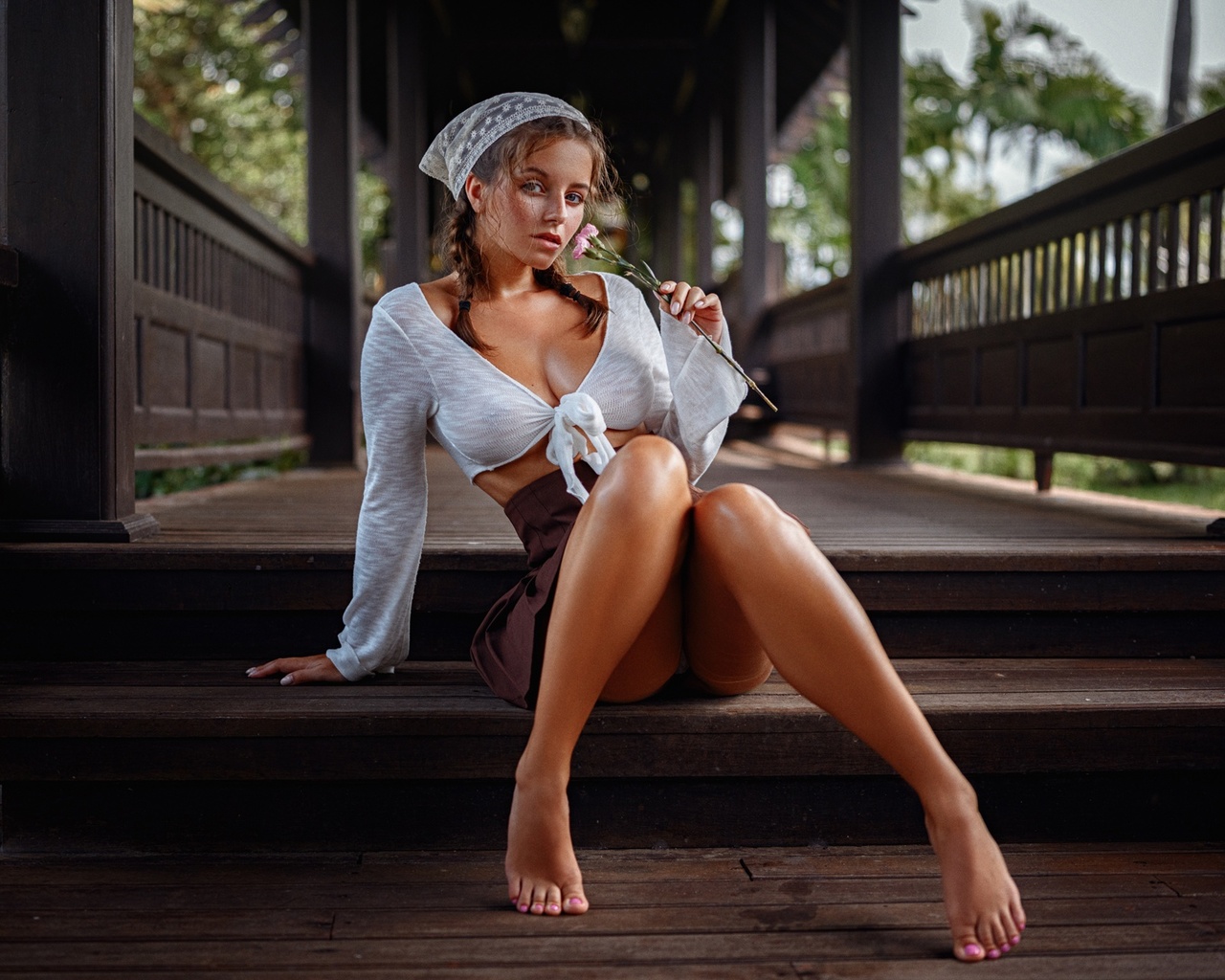 georgy chernyadyev, katerina alyabova, brunette, model, women, miniskirt, braids, tied top, flowers, sitting, barefoot, bridge