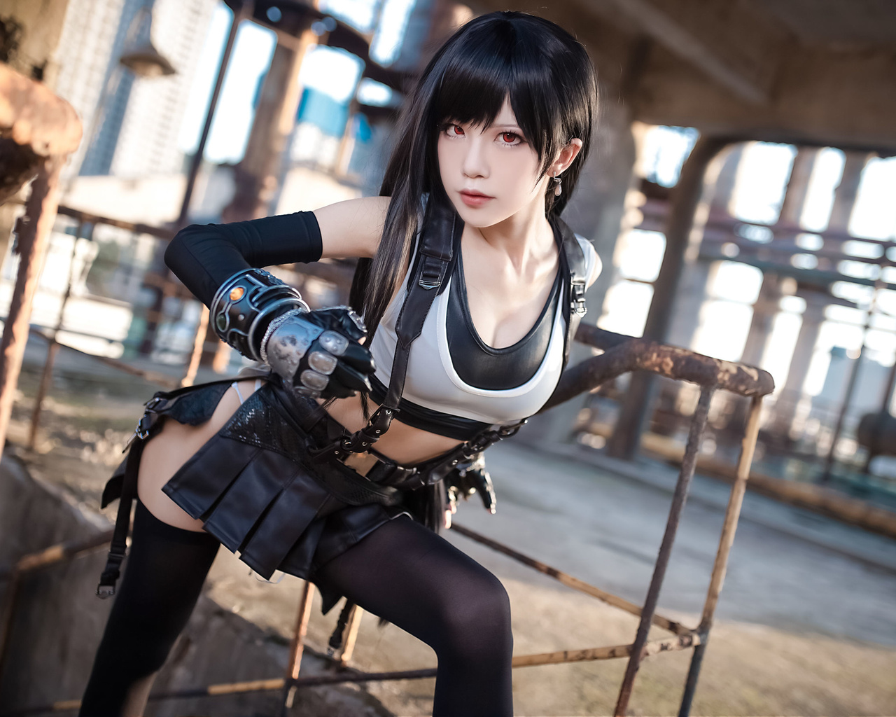 tifa lockhart, final fantasy, final fantasy vii: remake, final fantasy vii, model, brunette, women, cosplay, asian, women indoors, gloves, miniskirt, video game girls, video games, short tops, red eyes, video games clothes, boots, red boots, black stockin