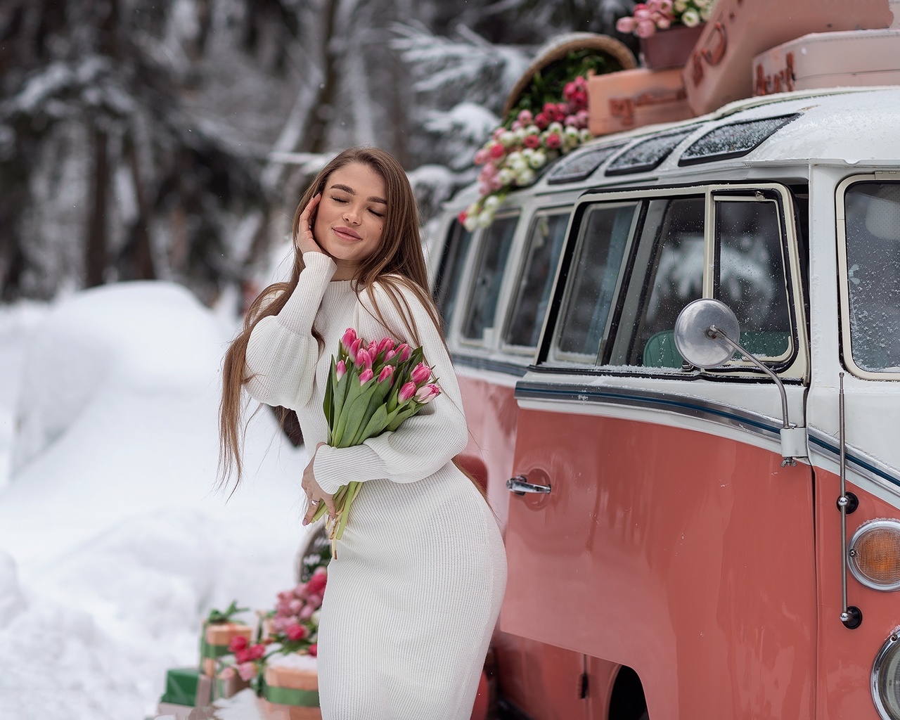 women, model, brunette, women outdoors, roses, volkswagen bus, vehicle, volkswagen, snow, winter, presents, white dress, luggage, trees, flowers, closed eyes