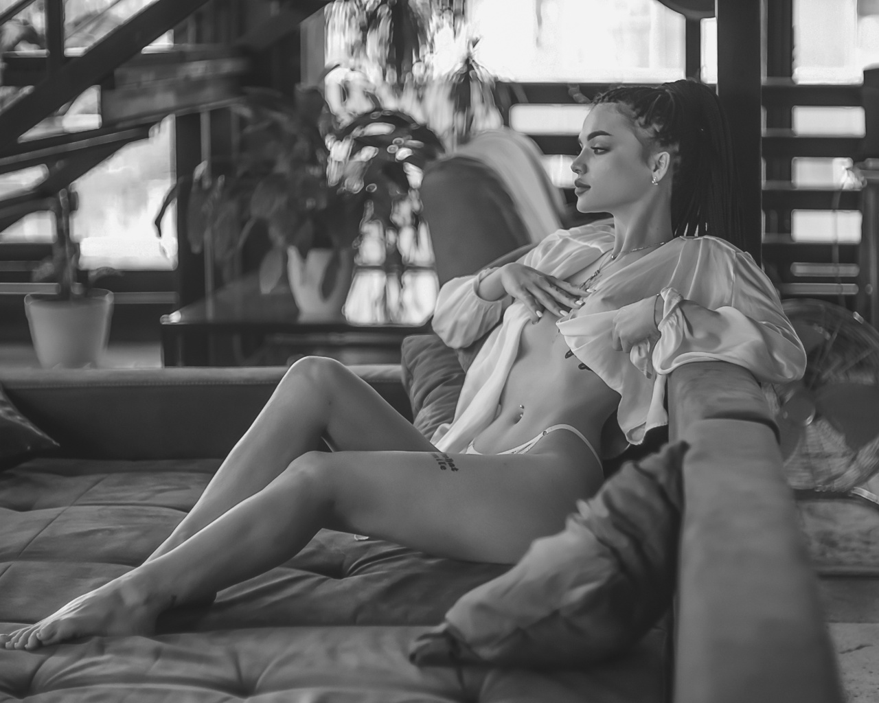 alexey zinin, brunette, model, women, women indoors, tattoo, monochrome, blouse, white panties, panties, in bed, bed, couch, pierced navel, hips