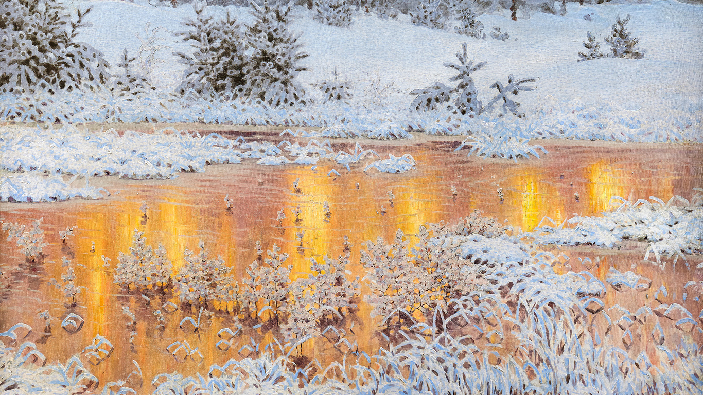 gustaf fjaestad, swedish, 1916, solar reflections in winter landscape