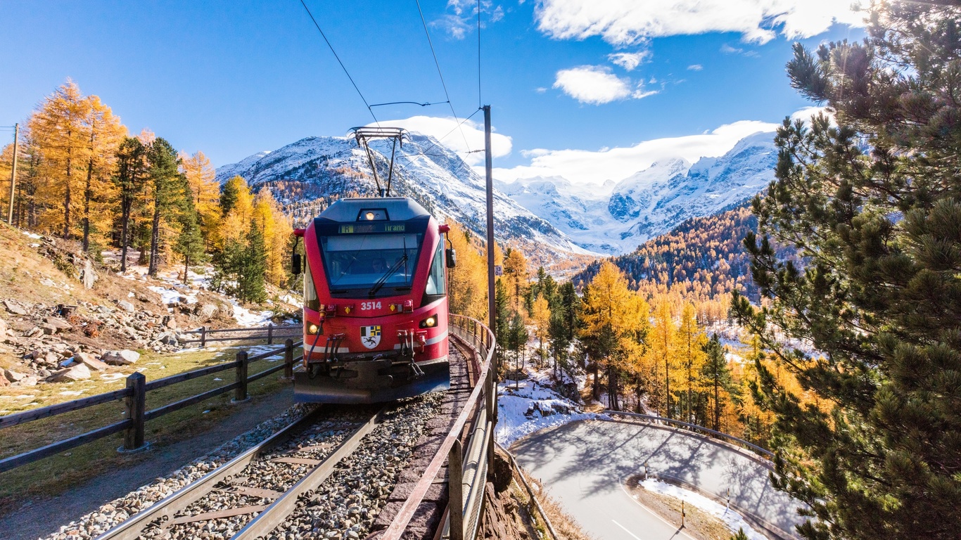 autumn, bernina express, alps, train, switzerland