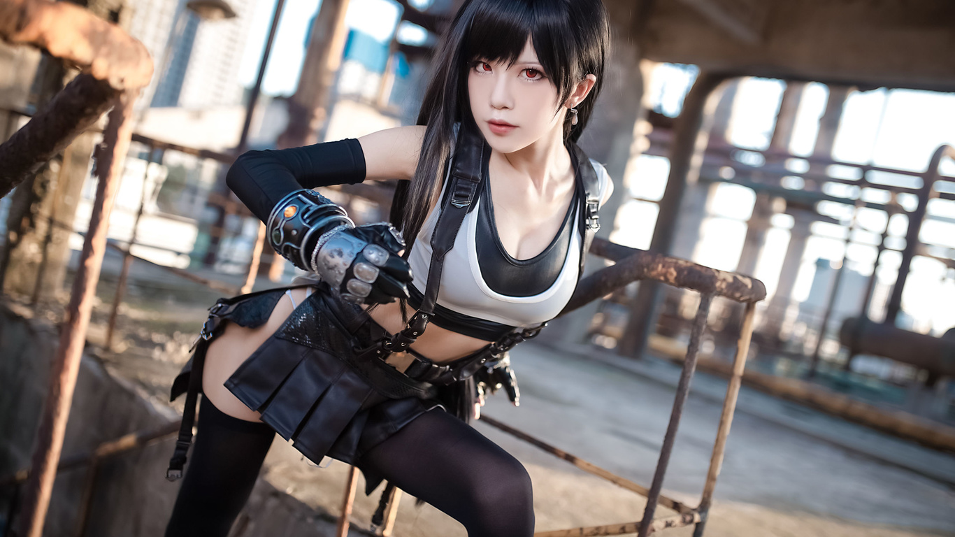 tifa lockhart, final fantasy, final fantasy vii: remake, final fantasy vii, model, brunette, women, cosplay, asian, women indoors, gloves, miniskirt, video game girls, video games, short tops, red eyes, video games clothes, boots, red boots, black stockin