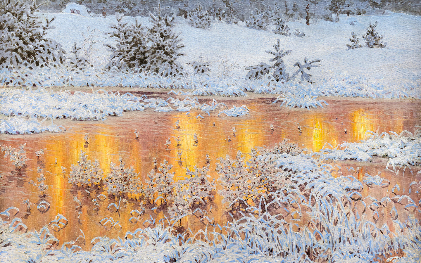 gustaf fjaestad, swedish, 1916, solar reflections in winter landscape