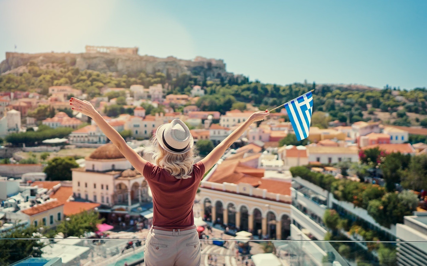 athens, greece, acropolis, greek flag