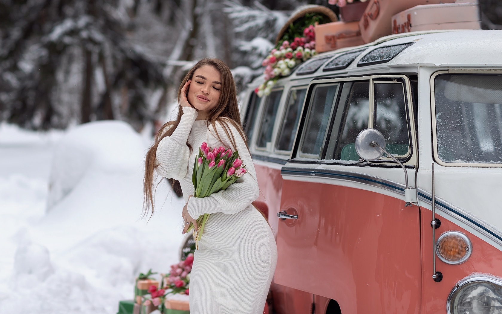 women, model, brunette, women outdoors, roses, volkswagen bus, vehicle, volkswagen, snow, winter, presents, white dress, luggage, trees, flowers, closed eyes