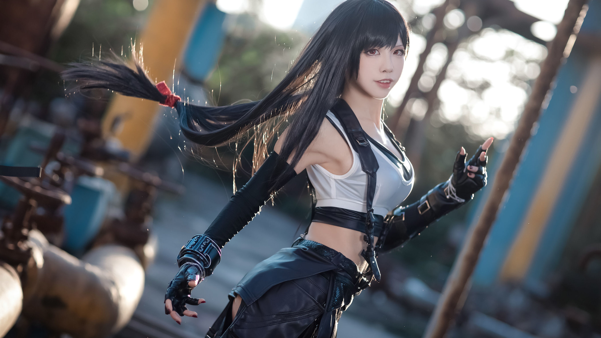 tifa lockhart, final fantasy, final fantasy vii: remake, final fantasy vii, model, brunette, women, cosplay, asian, women outdoors, gloves, miniskirt, video game girls, video games, short tops, red eyes, video games clothes, bokeh, ass, panties, white pan