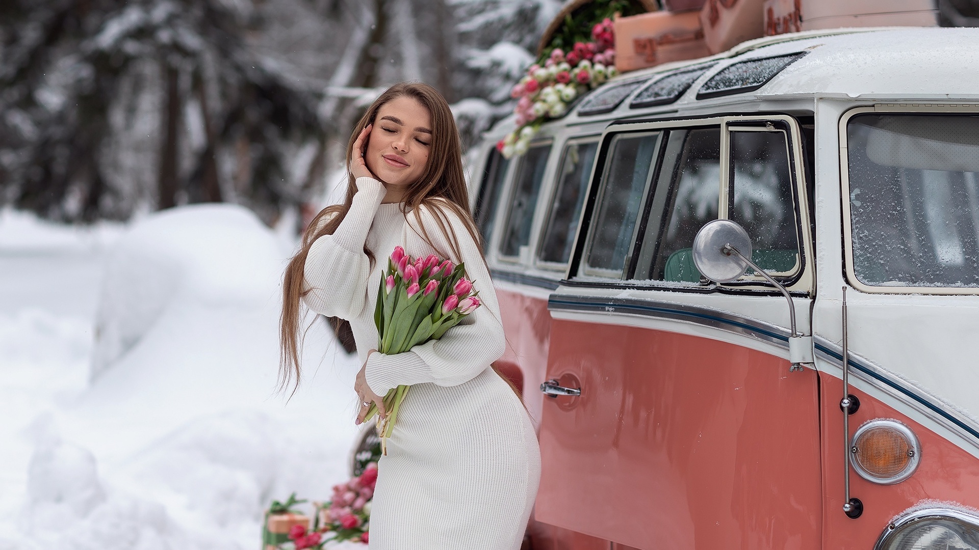 women, model, brunette, women outdoors, roses, volkswagen bus, vehicle, volkswagen, snow, winter, presents, white dress, luggage, trees, flowers, closed eyes