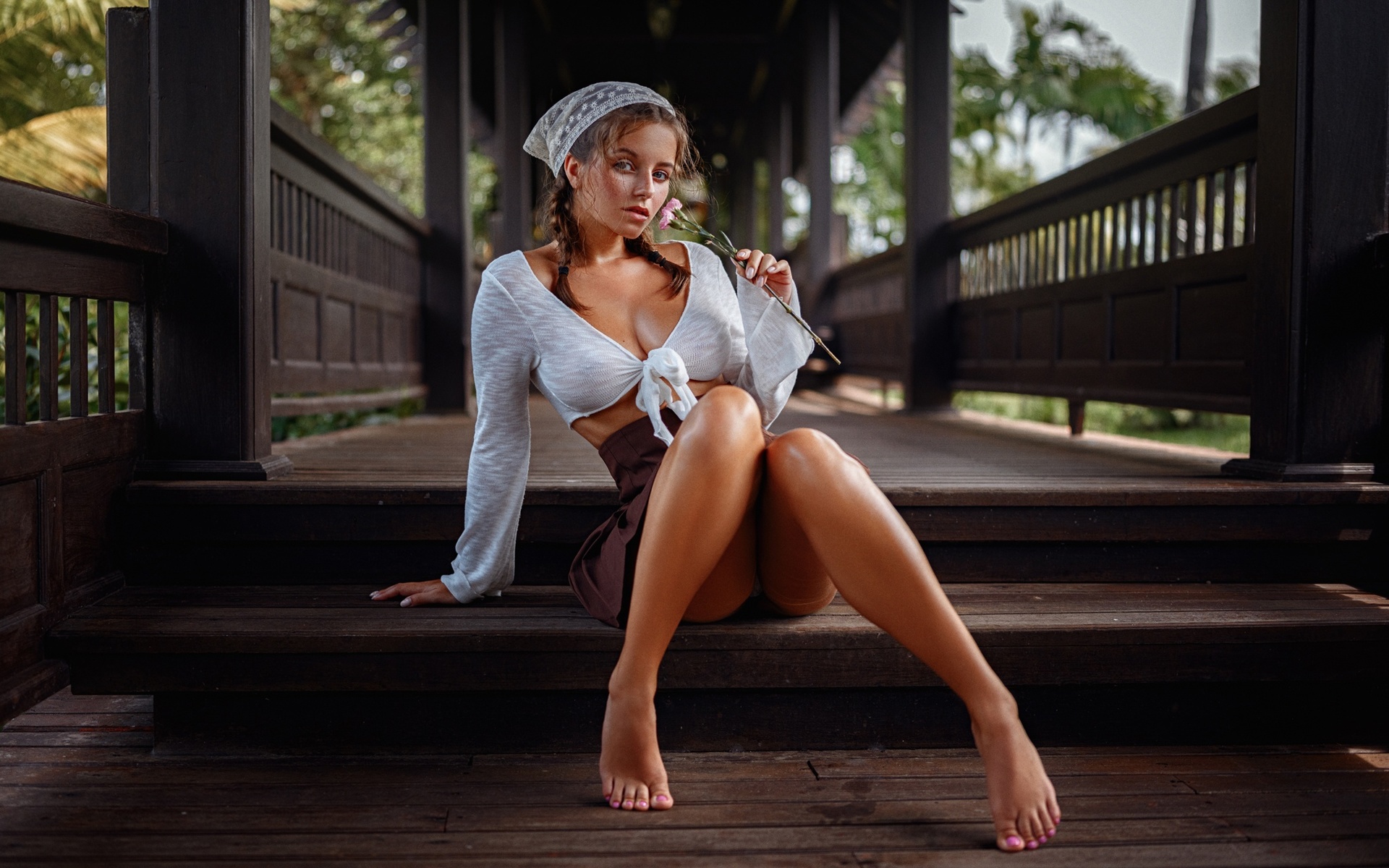 georgy chernyadyev, katerina alyabova, brunette, model, women, miniskirt, braids, tied top, flowers, sitting, barefoot, bridge