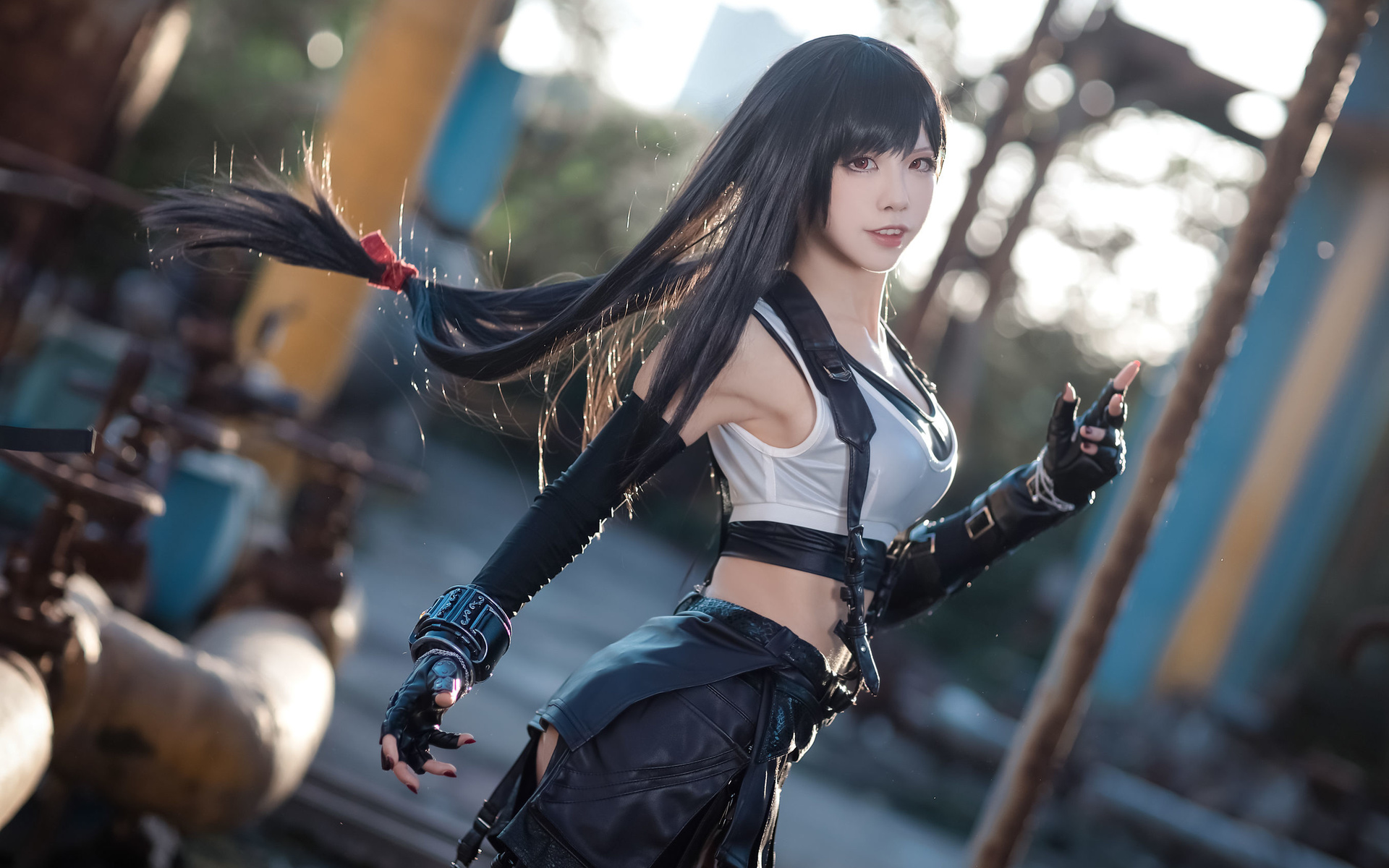 tifa lockhart, final fantasy, final fantasy vii: remake, final fantasy vii, model, brunette, women, cosplay, asian, women outdoors, gloves, miniskirt, video game girls, video games, short tops, red eyes, video games clothes, bokeh, ass, panties, white pan