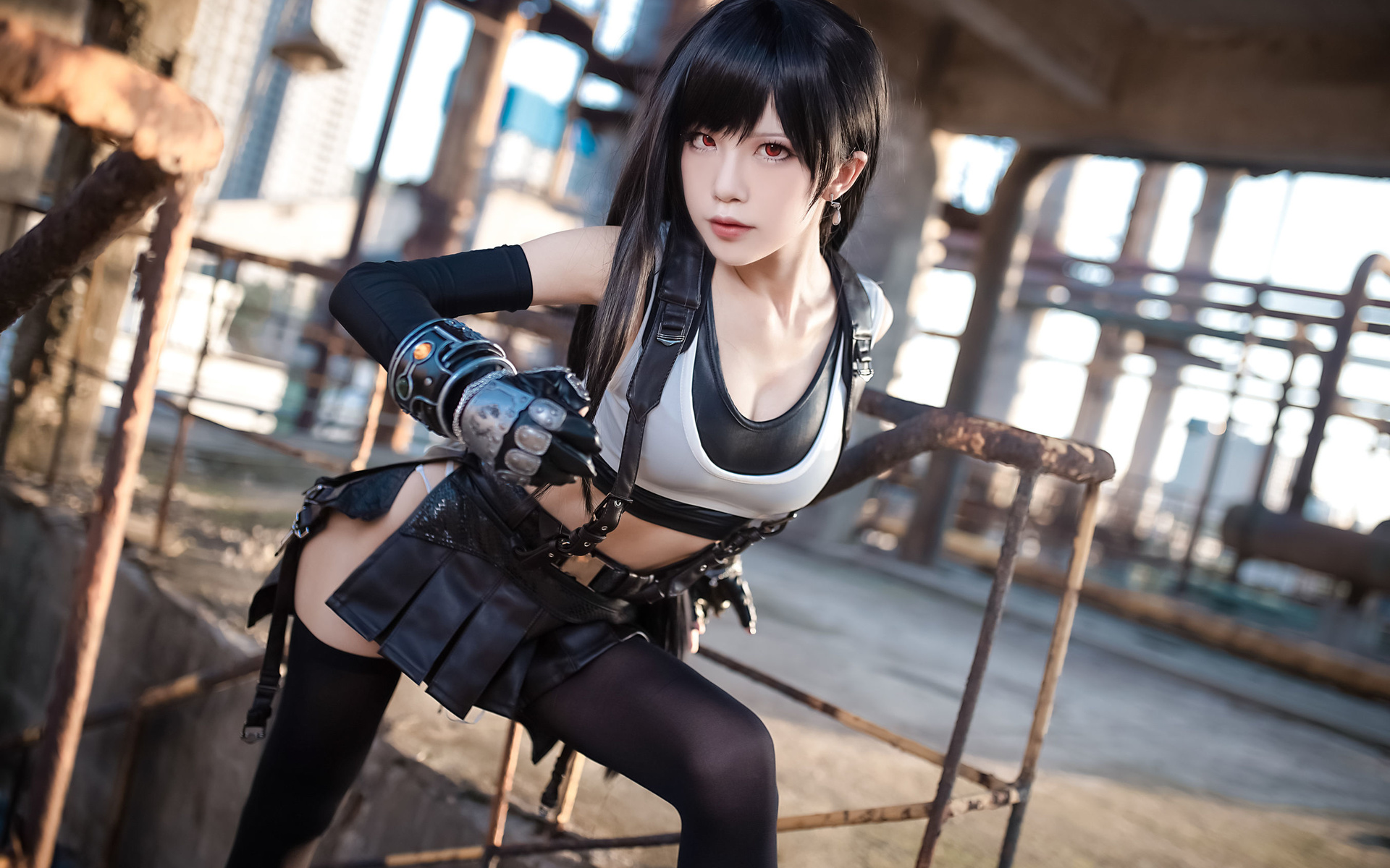 tifa lockhart, final fantasy, final fantasy vii: remake, final fantasy vii, model, brunette, women, cosplay, asian, women indoors, gloves, miniskirt, video game girls, video games, short tops, red eyes, video games clothes, boots, red boots, black stockin