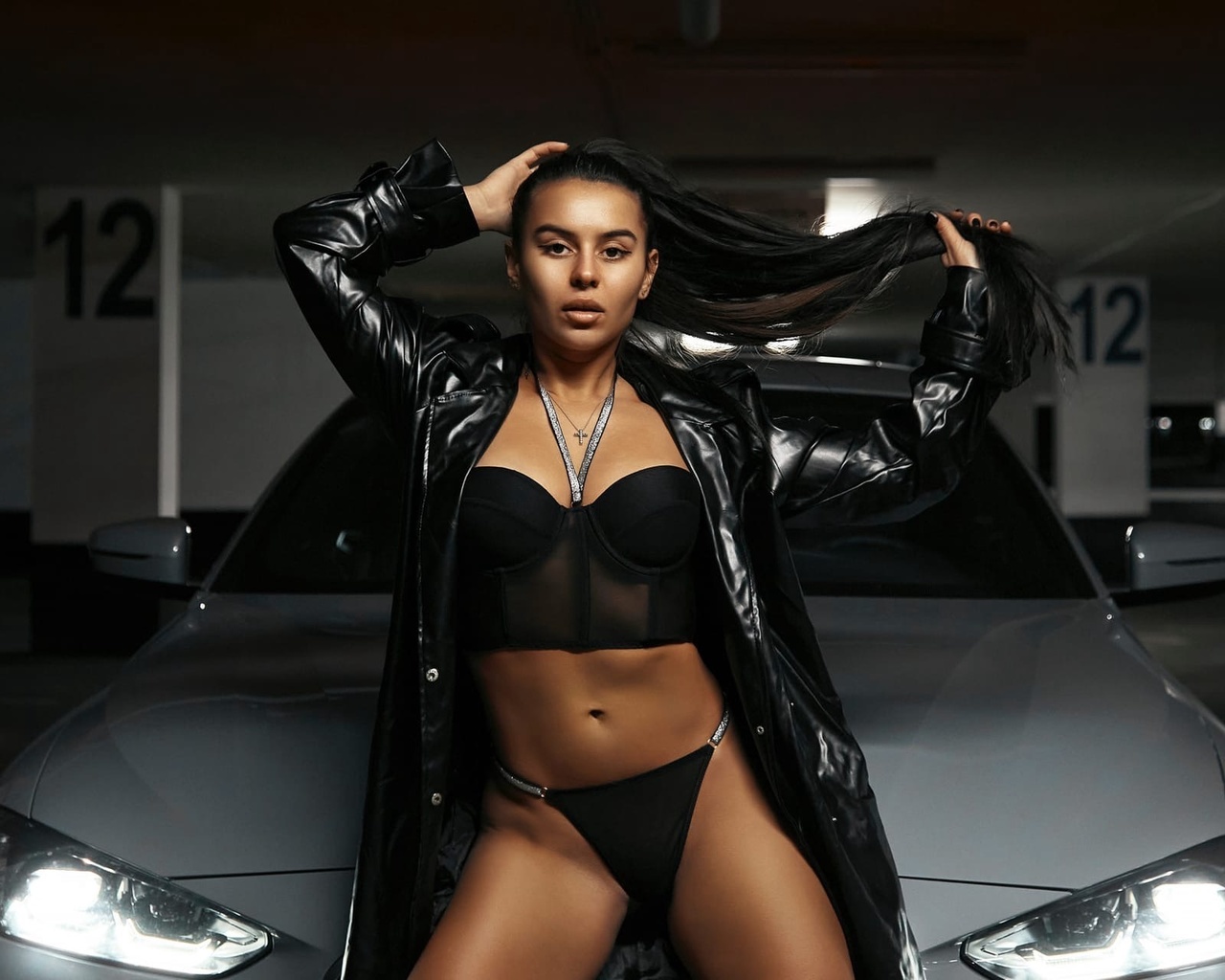 svetlana ivanova, brunette, model, women, women indoors, black panties, black bra, women with cars, black lingerie, hips, trench coat, car, vehicle