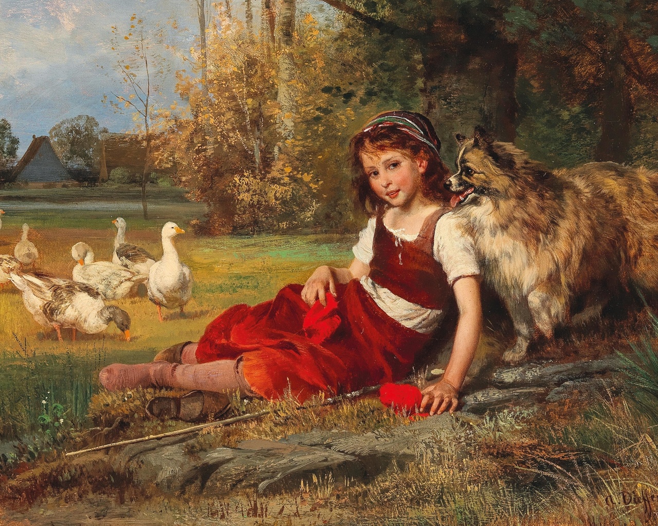 anton heinrich dieffenbach, german, a young goose girl resting