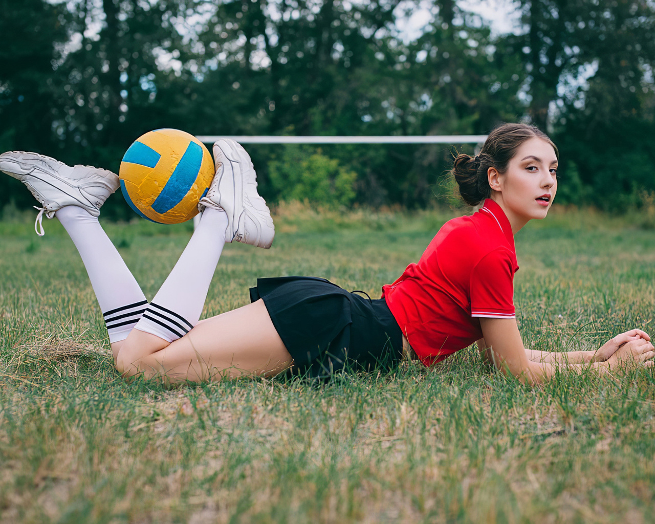 women, model, brunette, women outdoors, sneakers, t-shirt, miniskirt, grass, trees, goal, soccer ball