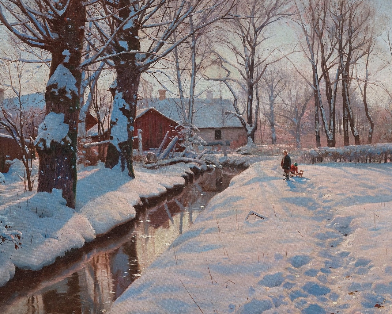 peder mork monsted, danish, a winterlandscape with children sledding, 1927