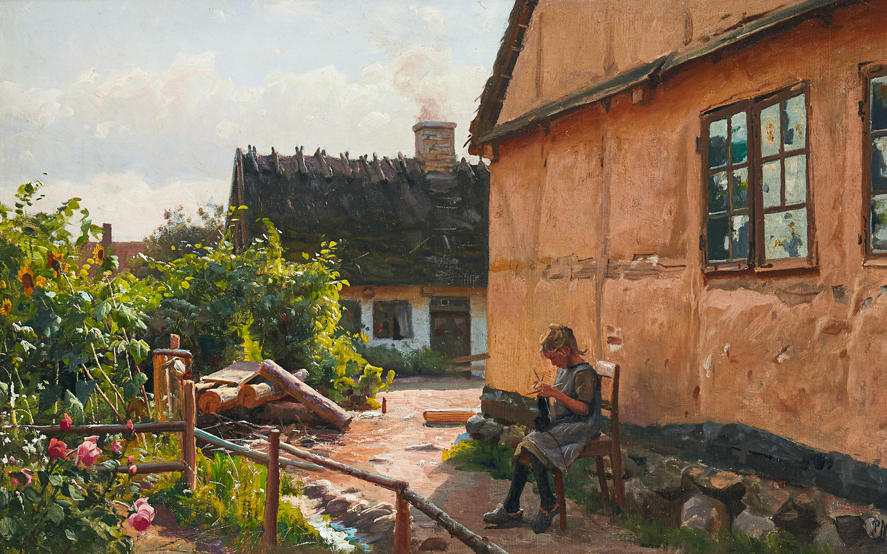 peder mork monsted, danish, 1914, a knitting girl outside a house on a sunny day