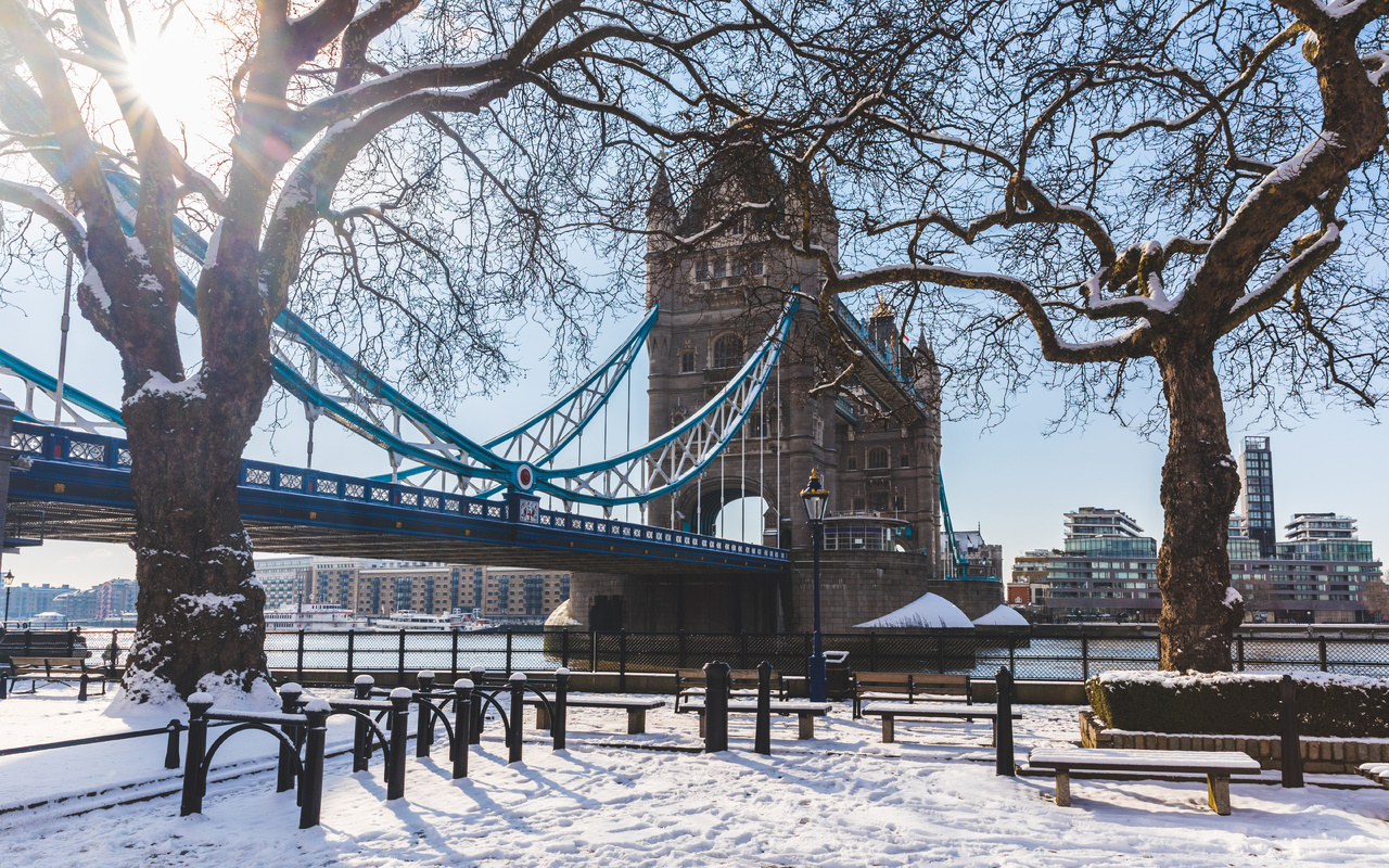 snow, london, tower bridge, river thames