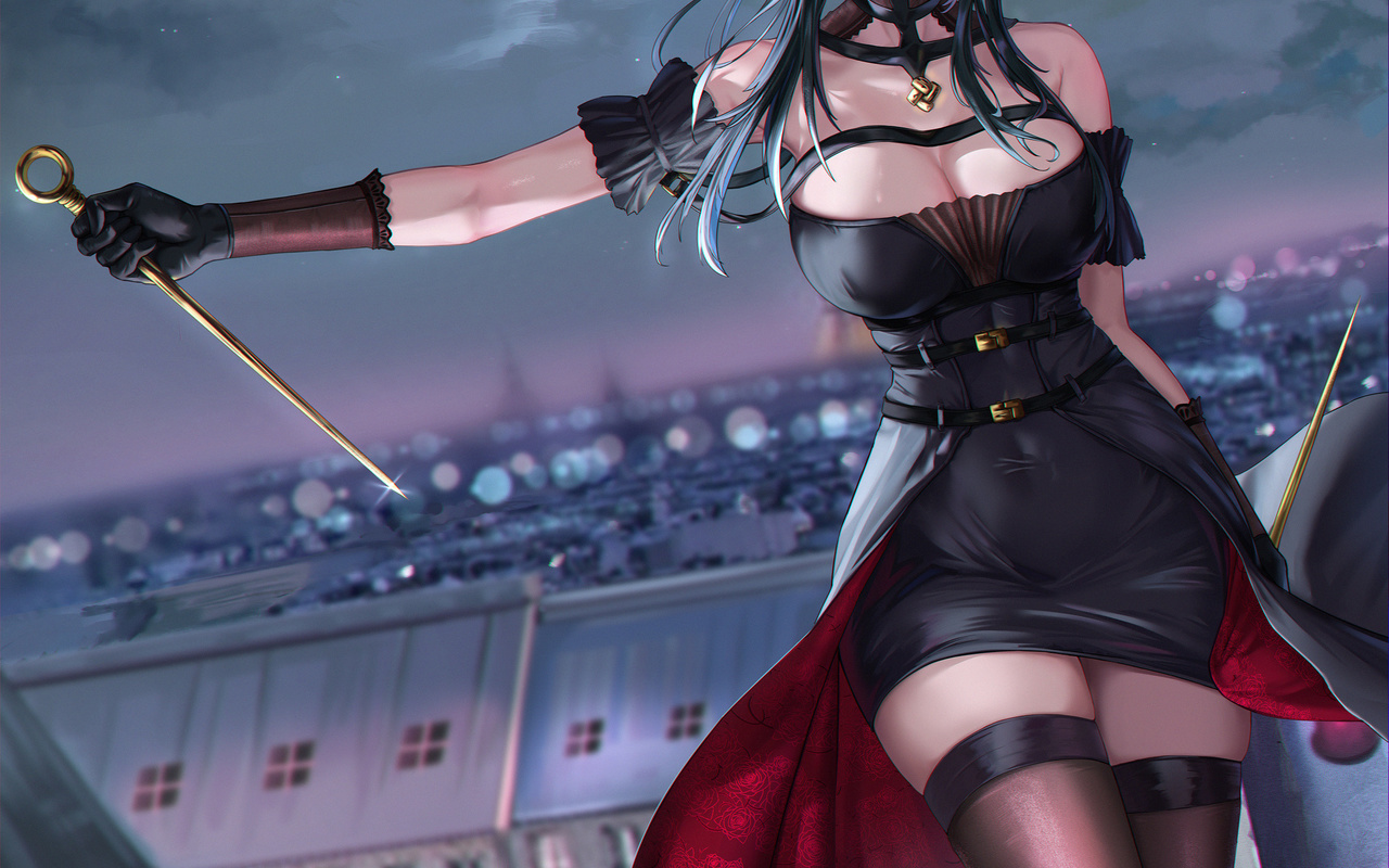 tooku, yor forger, spy x family, anime girls, women, brunette, pink eyes, black dress, digital art, fan art, anime, sky, clouds, black stockings, night, gloves, city, stars