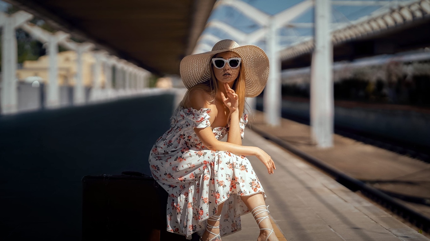 women, blonde, model, women outdoors, train station, suitcase, sitting, dress, women with glasses, hat, tattoo