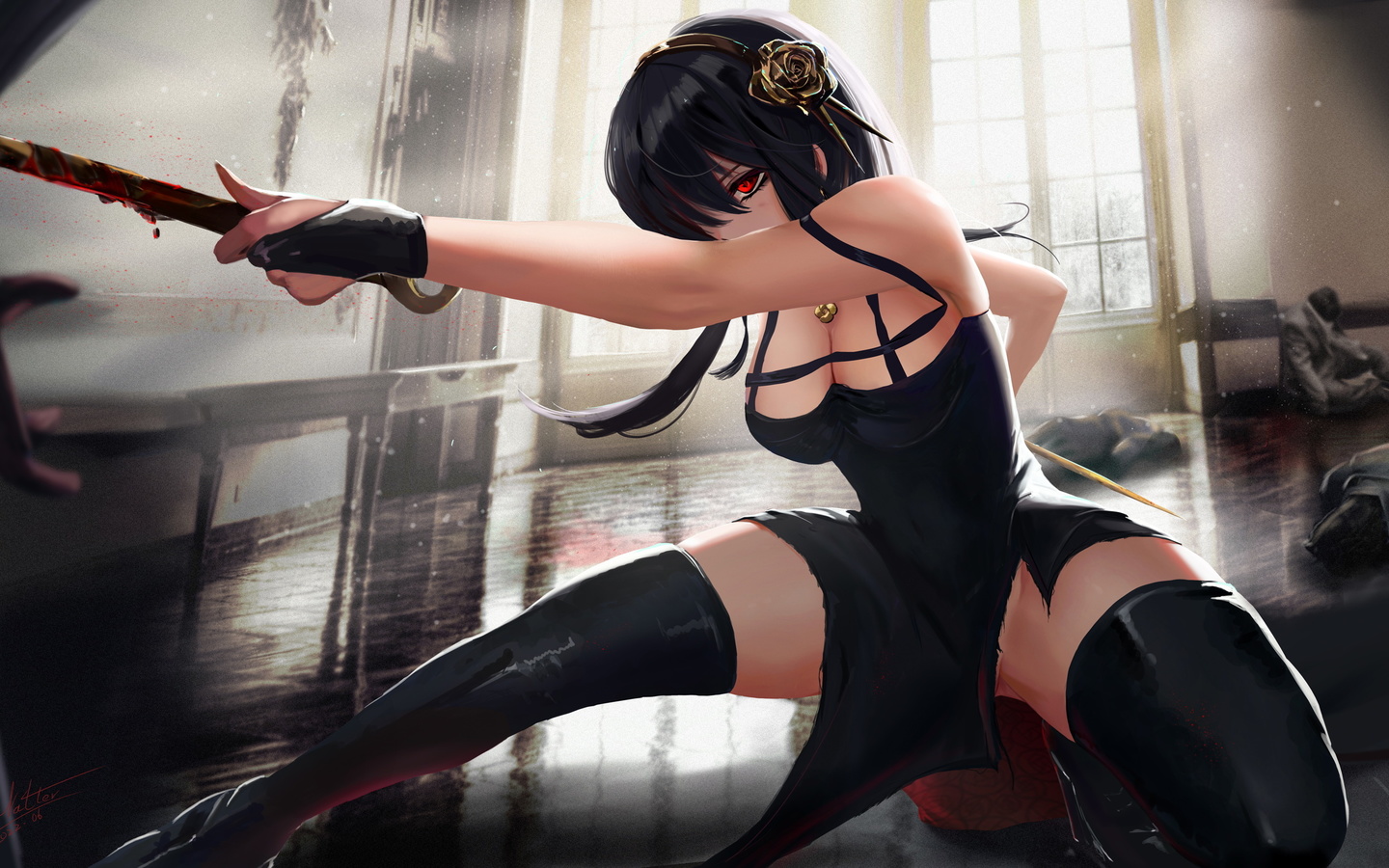 spy x family, yor forger, anime girls, anime, women, brunette, red eyes, black dress, digital art, fan art, weapon, blood, torn dress, black hair, gloves, boots, black boots, high heels, squatting