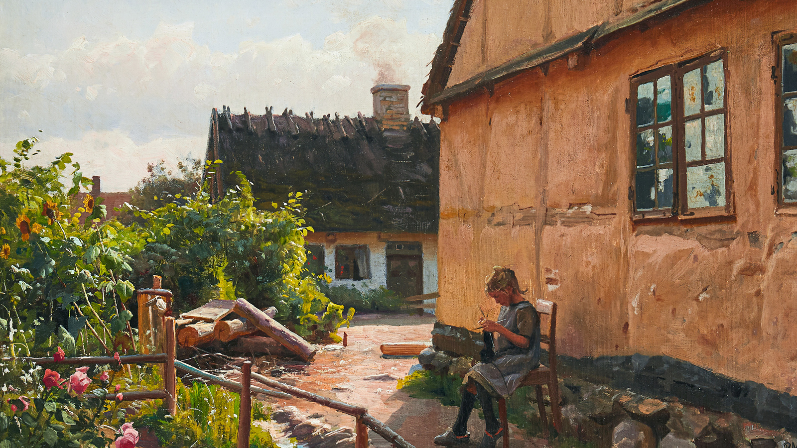 peder mork monsted, danish, 1914, a knitting girl outside a house on a sunny day