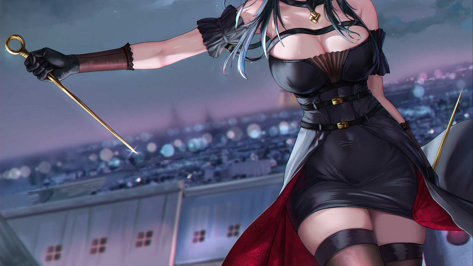 tooku, yor forger, spy x family, anime girls, women, brunette, pink eyes, black dress, digital art, fan art, anime, sky, clouds, black stockings, night, gloves, city, stars