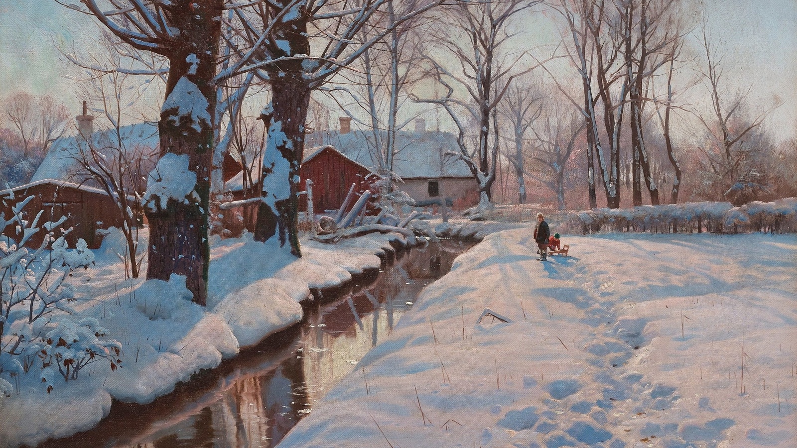 peder mork monsted, danish, a winterlandscape with children sledding, 1927