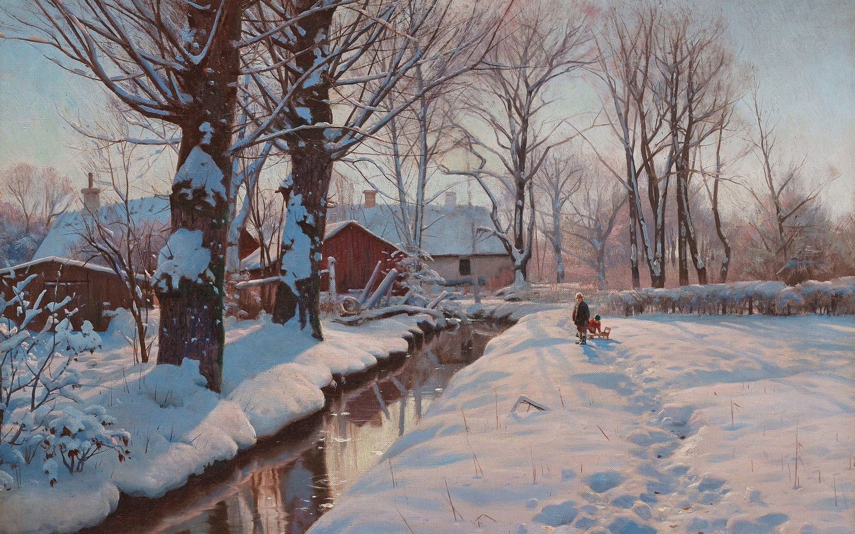 peder mork monsted, danish, 1927, a winterlandscape with children sledding