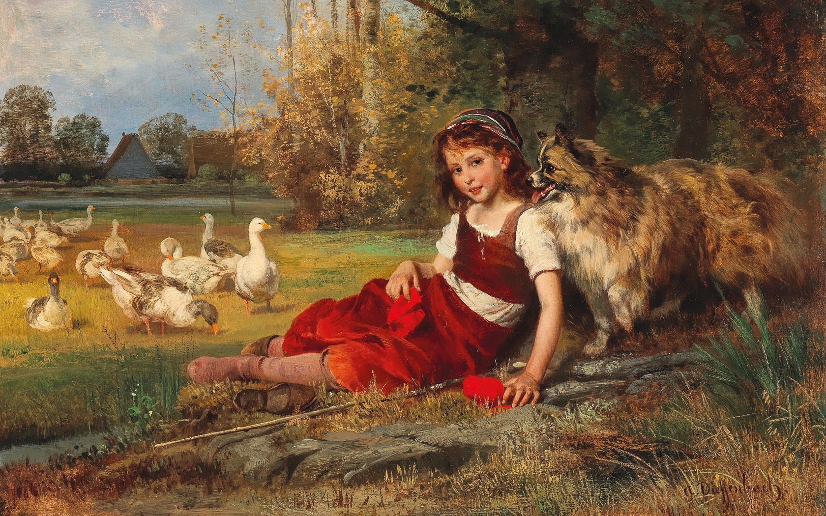 anton heinrich dieffenbach, german, a young goose girl resting