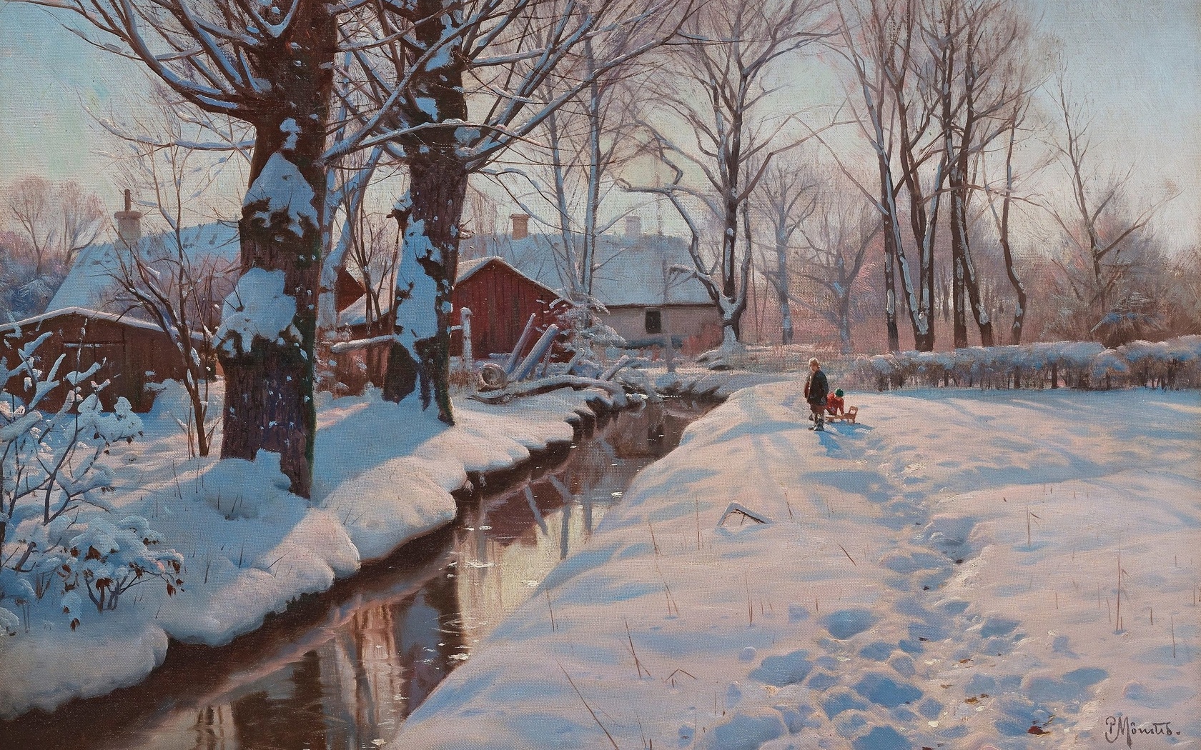 peder mork monsted, danish, a winterlandscape with children sledding, 1927