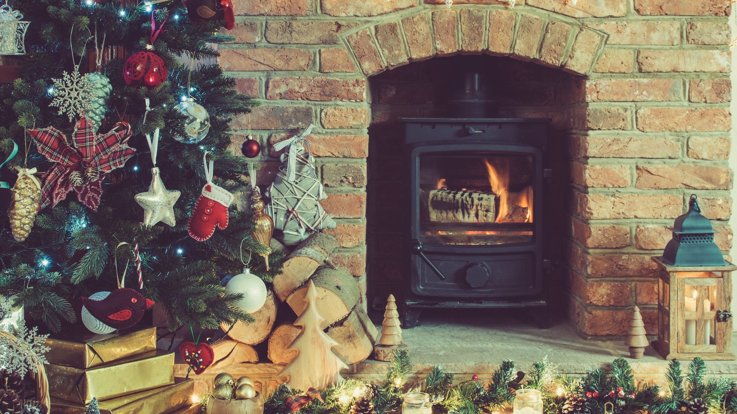 christmas, decorated fireplace, christmas tree