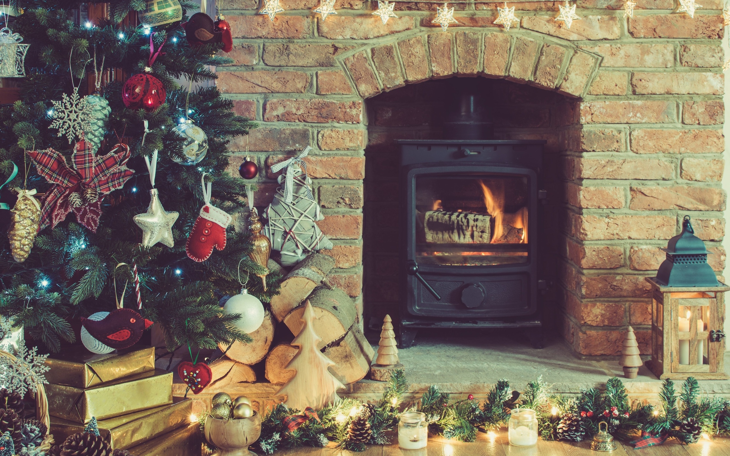 christmas, decorated fireplace, christmas tree