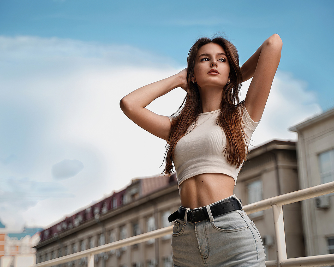 maxim matveev, brunette, women, women outdoors, model, jeans, public, short tops, sky, clouds