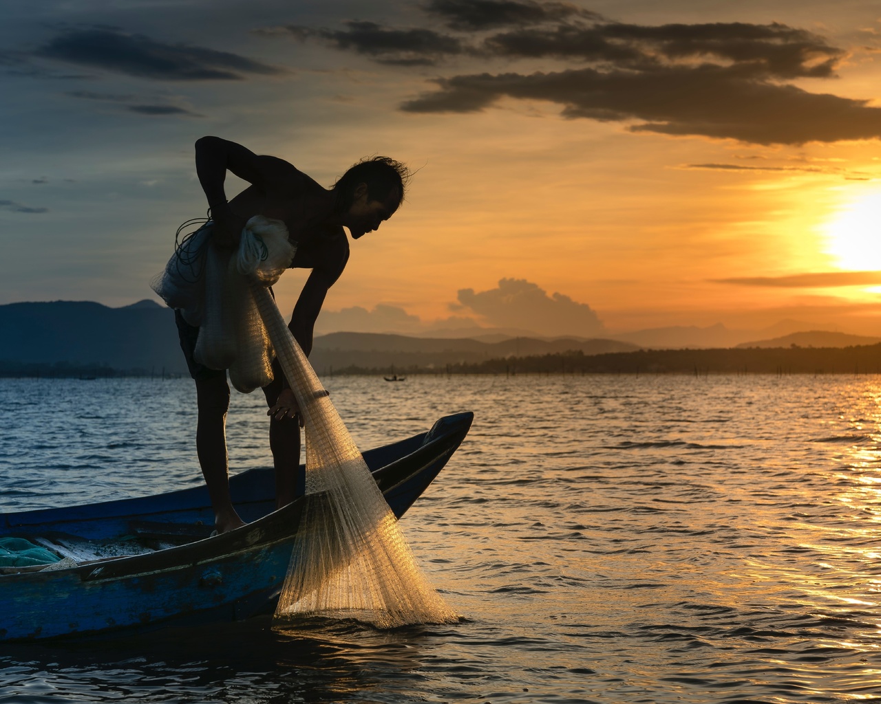 fish, boat, fishermen, fishing, lake, fish net