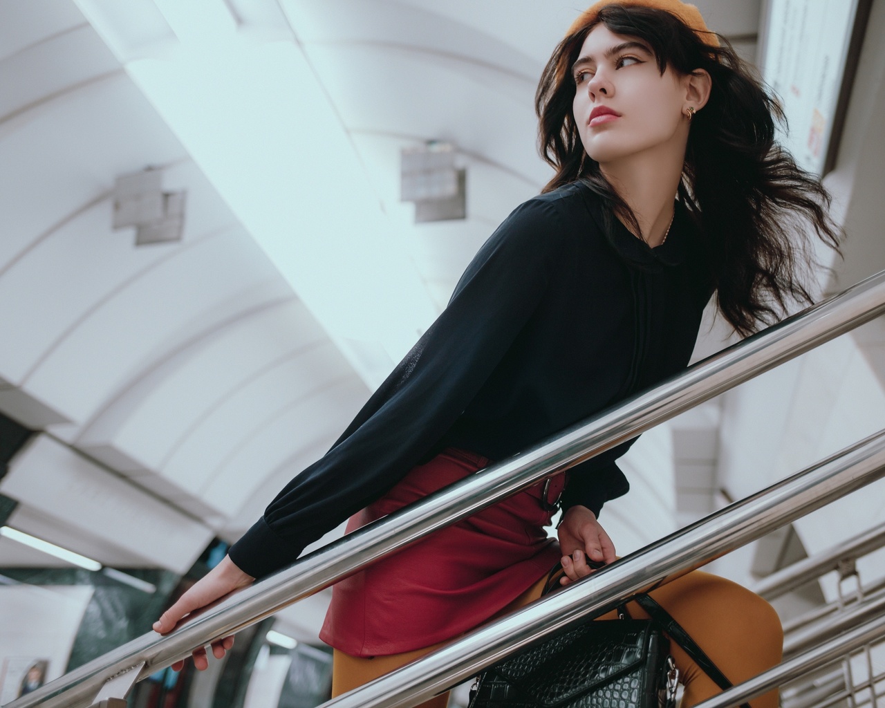 andrey popenko, women, model, brunette, women indoors, blouse, black blouse, miniskirt, leather miniskirt, bag