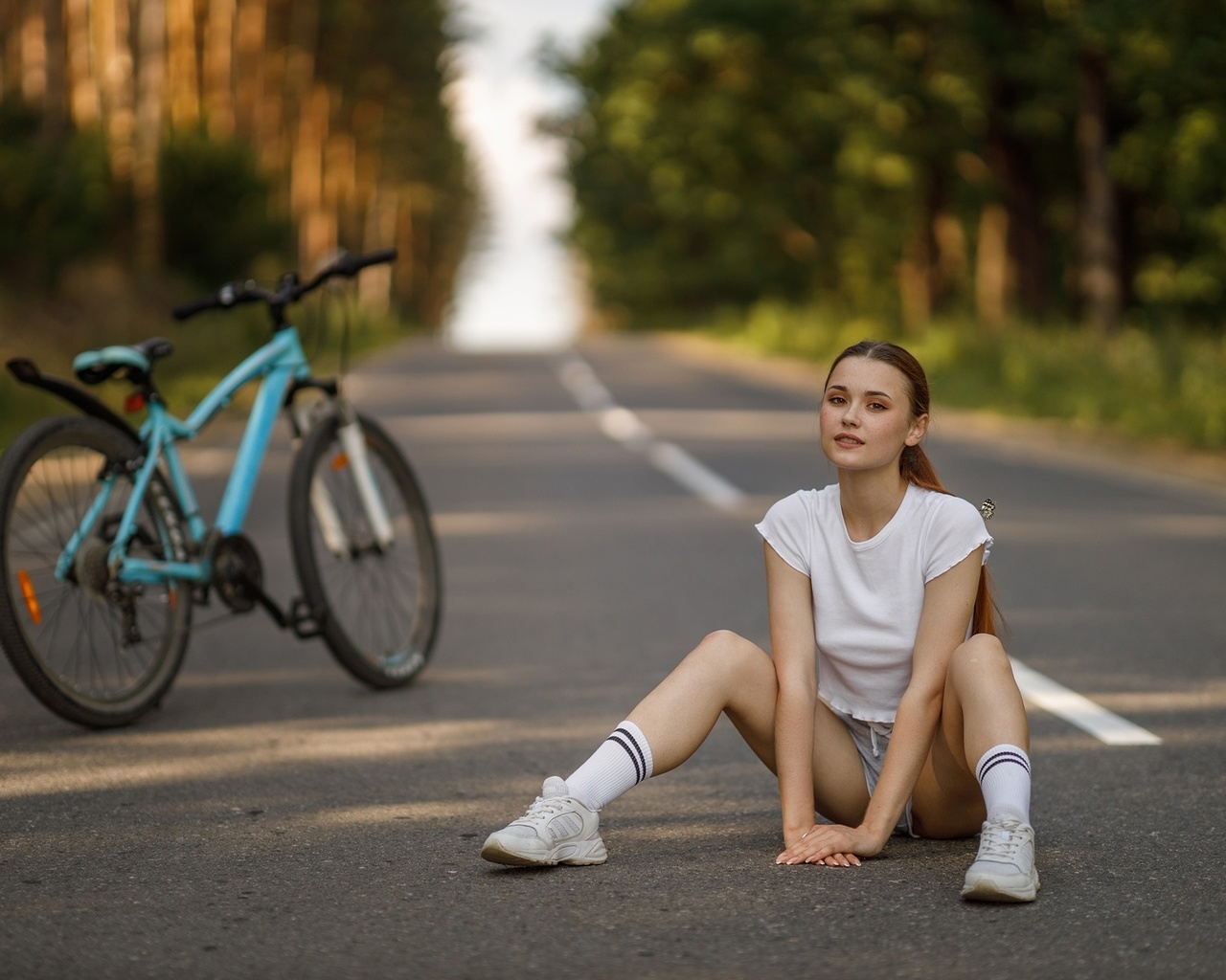 sergey sergeev, nadezhda tretyakova, tattoo, women outdoors, road, trees, redhead, women, model, bicycle, nature, short tops, short shorts, shorts, socks, sneakers, butterfly