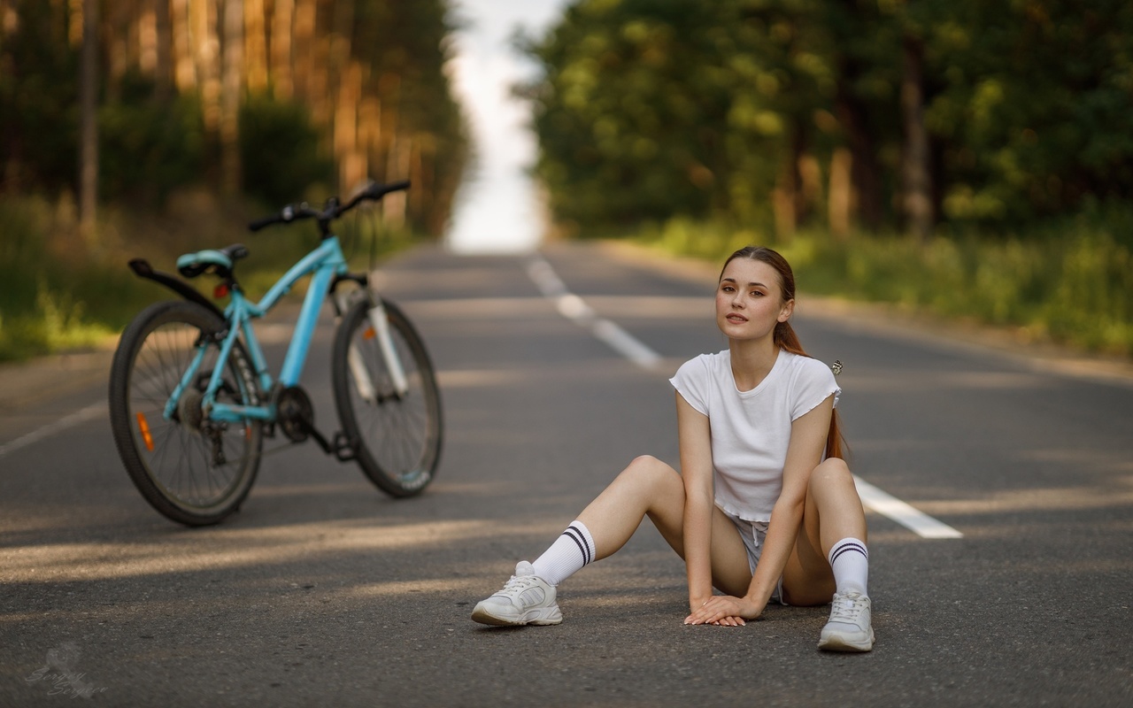 sergey sergeev, nadezhda tretyakova, tattoo, women outdoors, road, trees, redhead, women, model, bicycle, nature, short tops, short shorts, shorts, socks, sneakers, butterfly